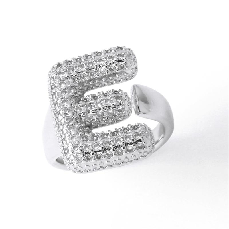Letter Design Ring with Clear Stone Detail, Copper Base Fashion Jewelry for Daily Outfits, Party Styling and Gifts