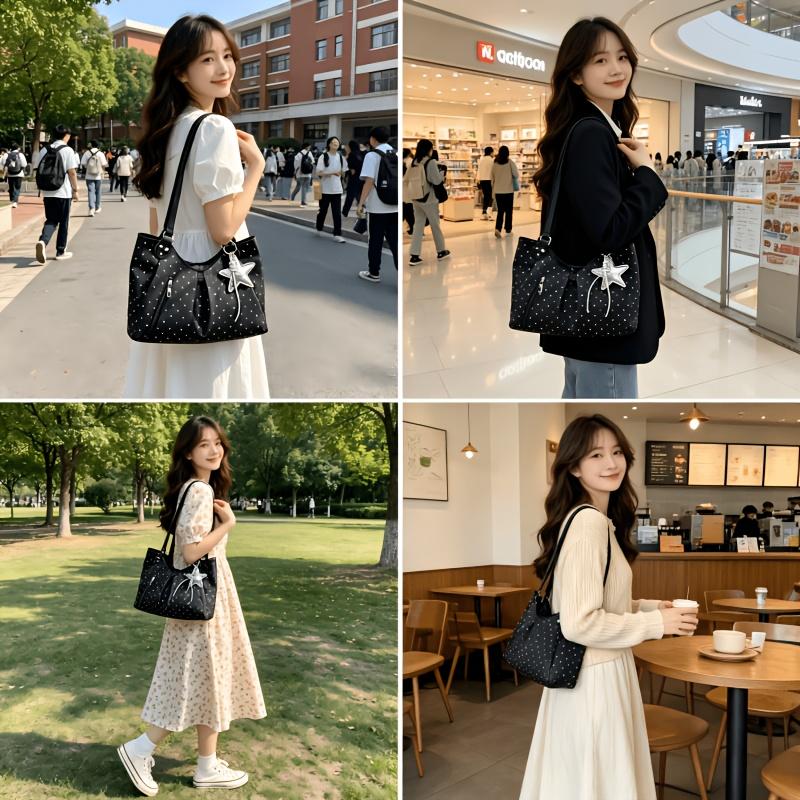 2026 New Korean Style Polka Dot Tote Bag, Silver Star Charm, Large Capacity Commuter Shoulder Bag for Women, Versatile Casual Tote Bag