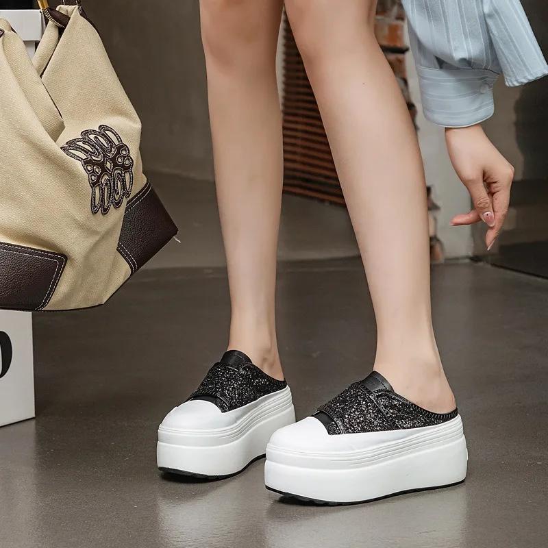 Fashion 8cm 2024 Synthetic Microfiber Leather Women Bling Sandals Shoes High Brand Autumn Fashion Platform Wedge Slippers Summer Pumps