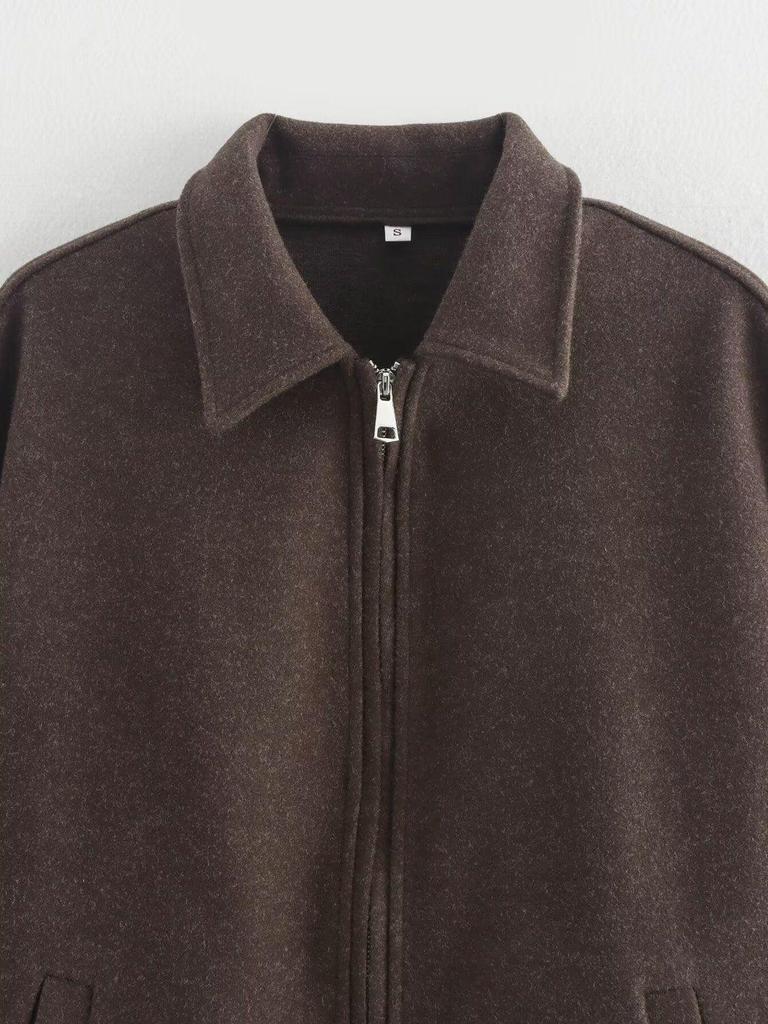 European & American Women's Retro Solid Color Lapel Short Jacket - Brown.