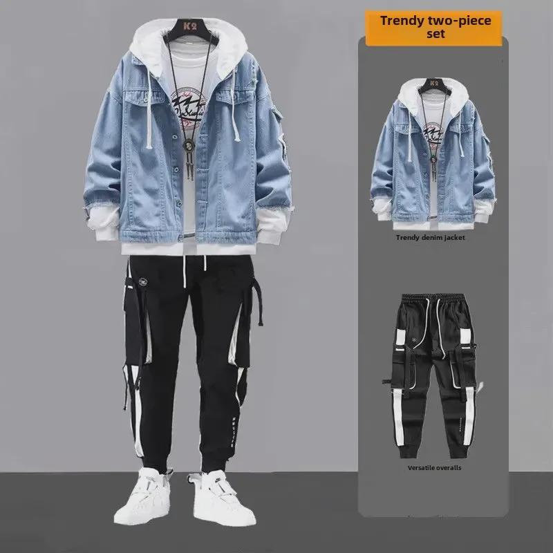 Pánský jarní džínový dvoudílný oblek: Stylová sada bundy a kalhot