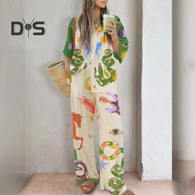 2 Pcs/Set Fall Spring Women Pajamas Suit Colorful 3D Printing Long Sleeve Top Streetwear Wide Leg Pants Sleepwear Casual Home Wear Clothes