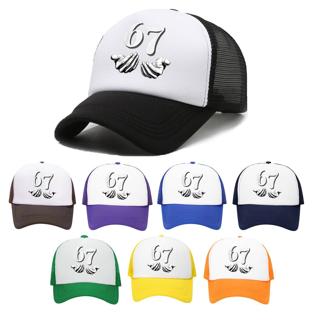 Number 67 Cartoon Handprint Sponge Mesh Cap - Adjustable Unisex Mesh Cap - Air Permeable Ventilated Street Style Urban Street-Style Sun Hat