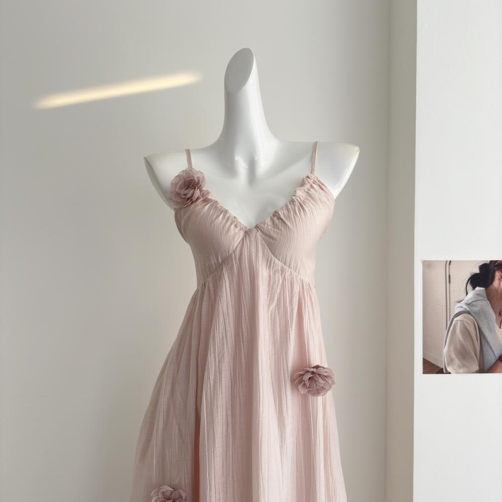 

Сяосянфэн розовое цветочное платье в отпускном стиле с вырезом на шее, нежное и милое, фея, высококлассное, пляжное, средней длины XL- (recommended 110-60kg)