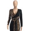 Contrast Color V Neck Zipper Waist Sexy Lady Leopard Geometry Print Belt Long Sleeve Lady Dress