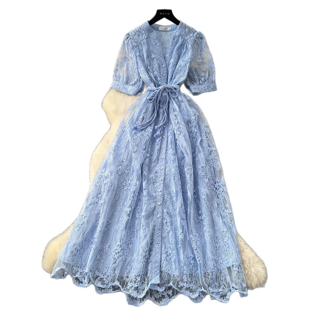 French high-end temperament dress women's summer fashion strap waist single-breasted embroidered mesh long skirt