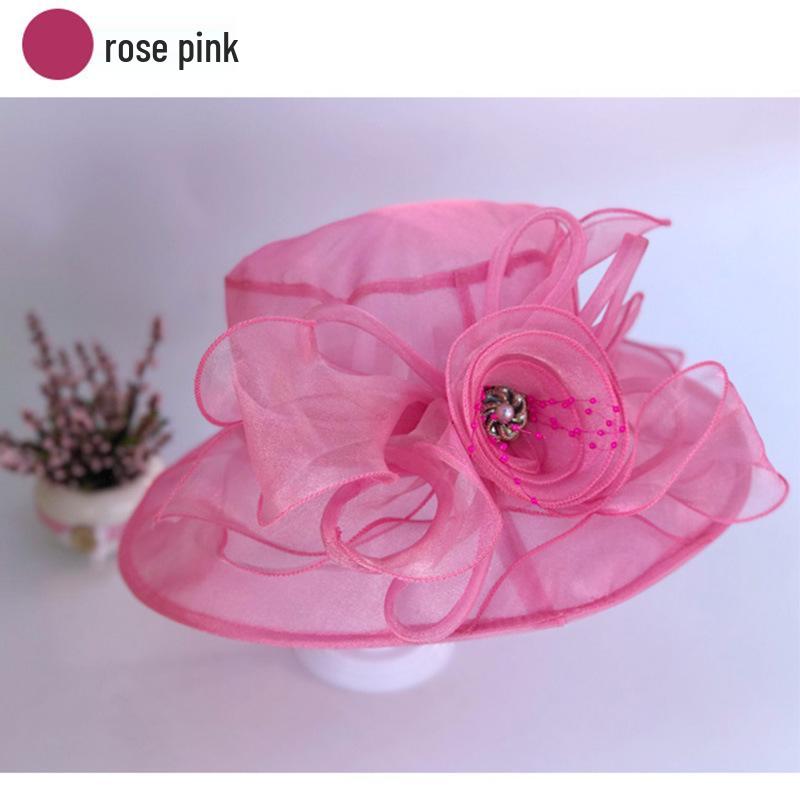 New Women's Summer Korean Style Wide Brim Sun Hat with Mesh and Organza Floral Design
