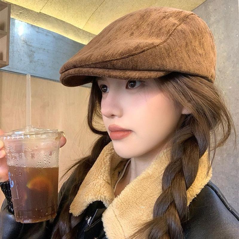 Hat Female Corduroy Forward Hat Autumn and Winter Warm Versatile Beret Big Head Circumference Show Face Small Newsboy Hat