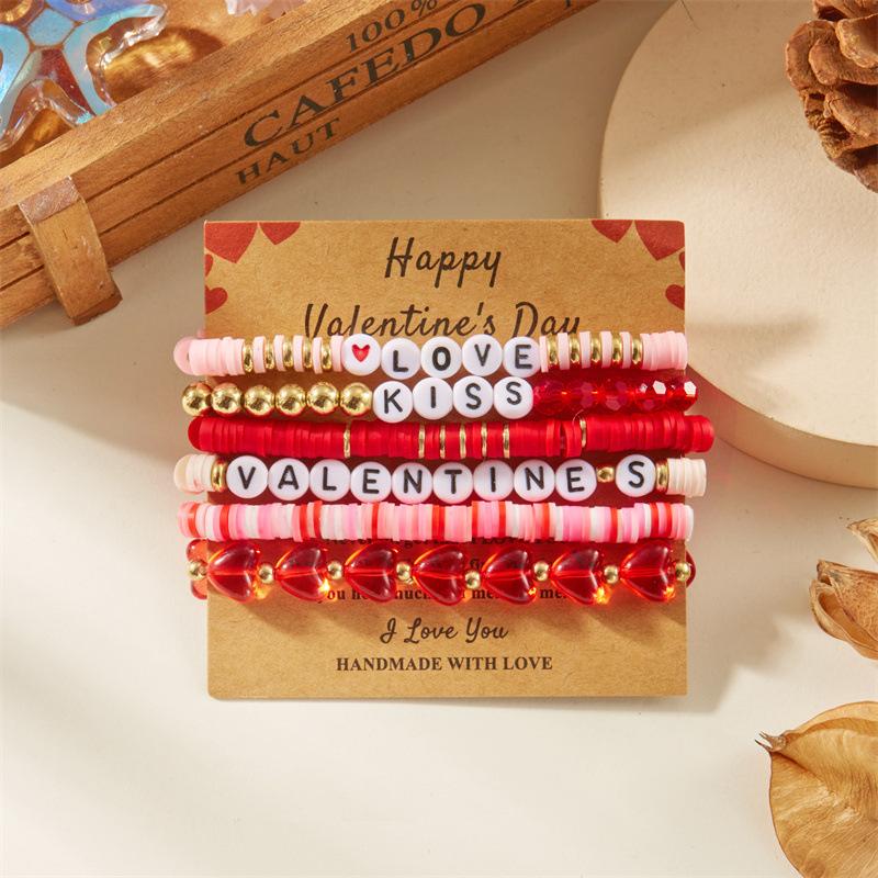 New “LOVE” Pink Heart-shaped Pendant Beaded Elastic Multi-layered Layered Bracelets for Women Girl Valentine's Day Gift Jewelry