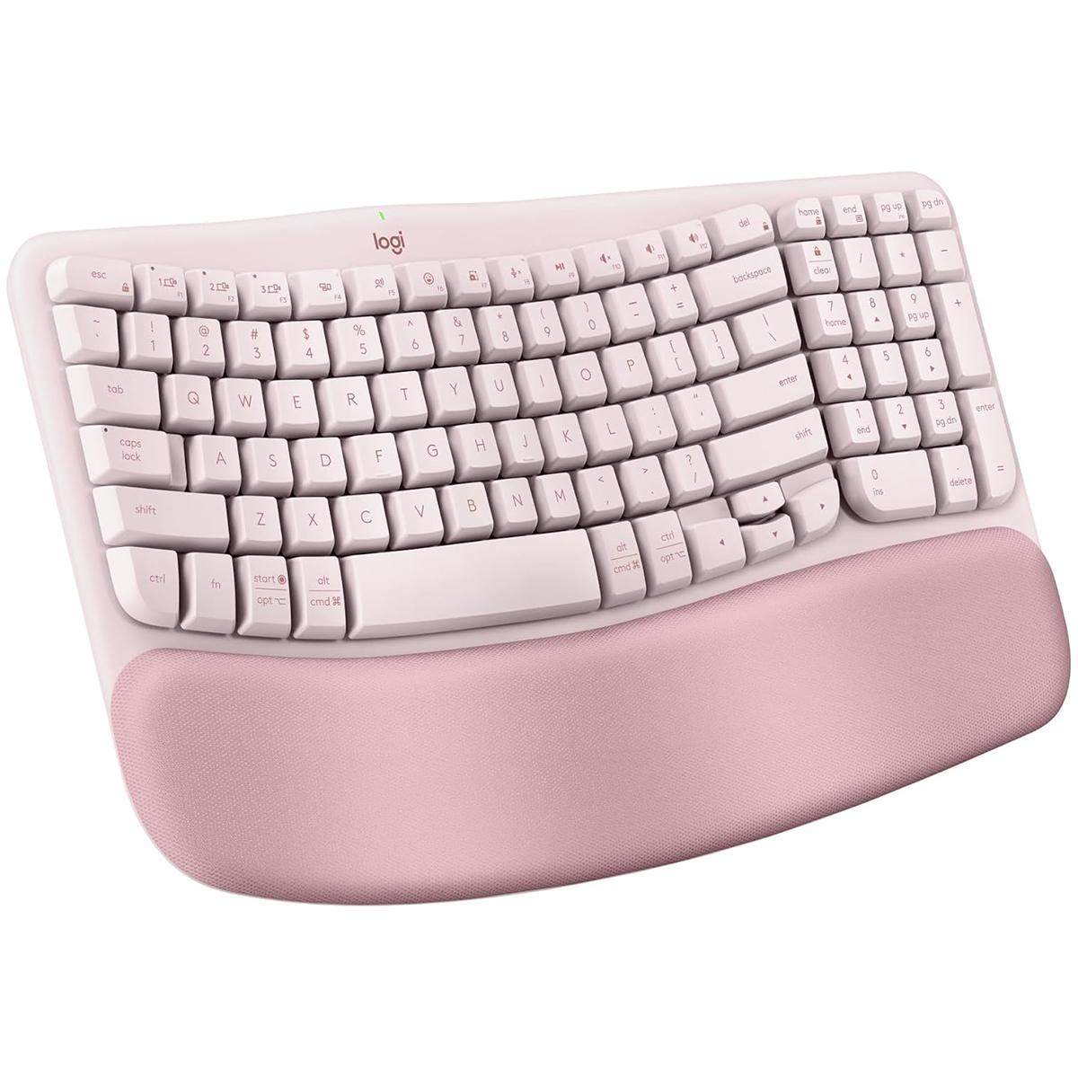 Logitech WAVE KEYS ergonomische Tastatur, kabelloser Bluetooth-Dual-Modus mit integrierter Handballenauflage, komfortable Multi-Geräte-Verbindung für das Büro rosa