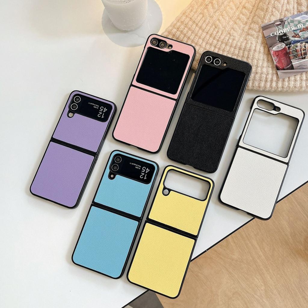 Suitable for Samsung ZFlip5 Folding Screen Protective Case, Lychee Pattern Solid Color Sticker Zflip3/4 Mobile Phone Case
