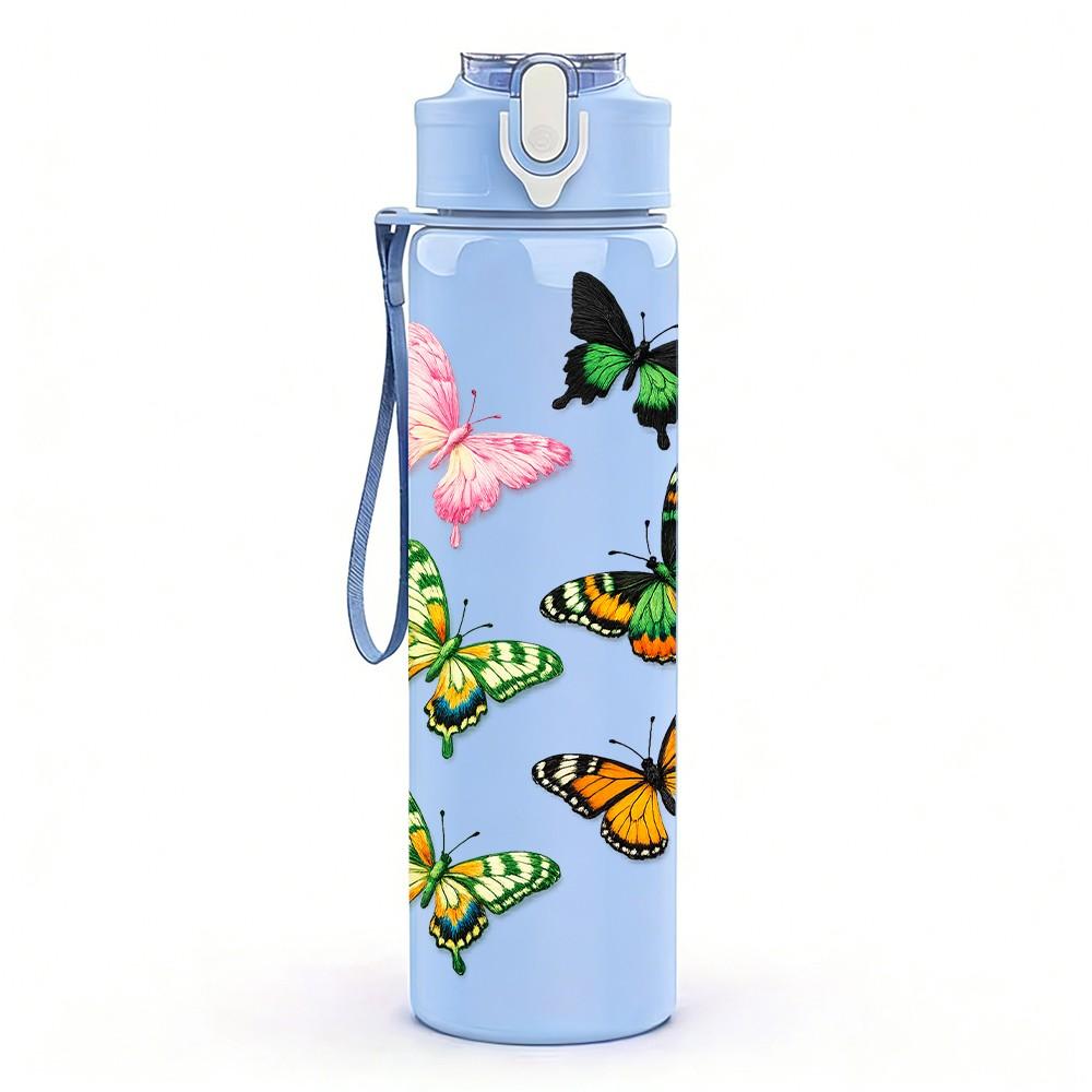 1PC Multiple Colorful Butterflies Group Print 750ml Color Plastic Sports Water Bottle Leakproof Flip Straw Lid Suitable for Sports Office Home Use