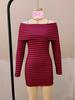 Autumn Winter Striped One-Shoulder Long-Sleeve Y2K Knit Hip-Hugging Dress