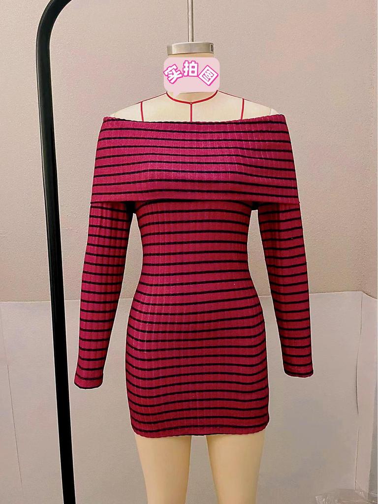 Autumn Winter Striped One-Shoulder Long-Sleeve Y2K Knit Hip-Hugging Dress