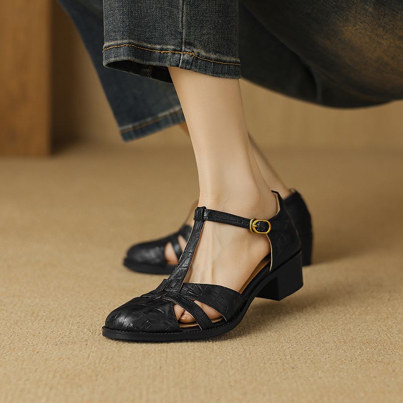 Krazing Pot Sheepskin Buckle Straps Round Toe Med Heels Autumn Summer Prints Leather Mary Janes Women Pumps