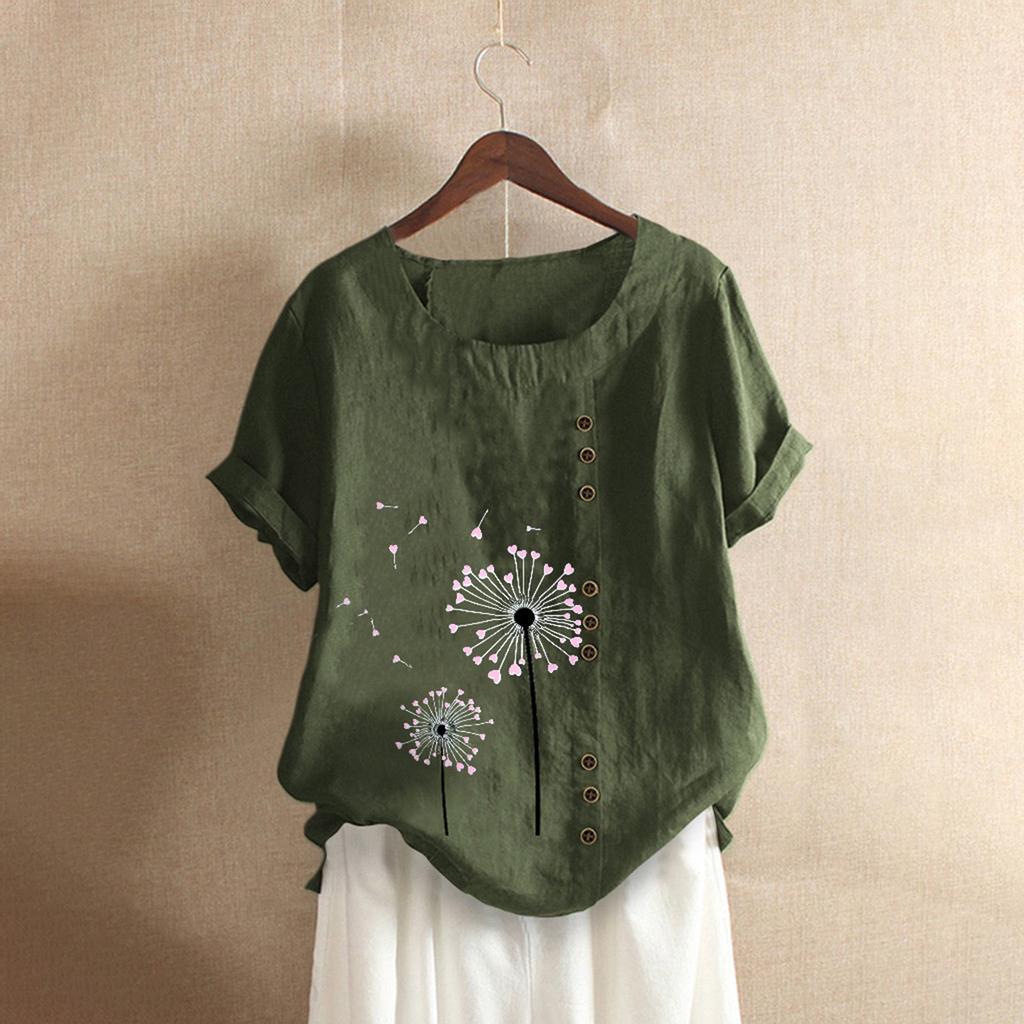 Women Buttons  Short Sleeve Floral Print Buttons Cotton Linen Vintage Top