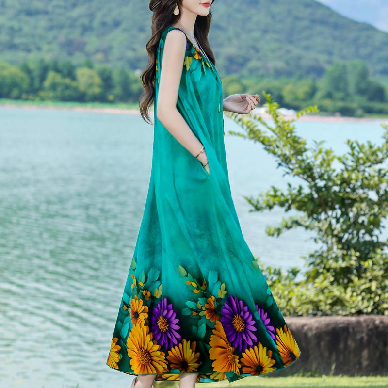 Damen Sommerkleid Vintage Kleidung Lässig Ärmellos Lange Kleider