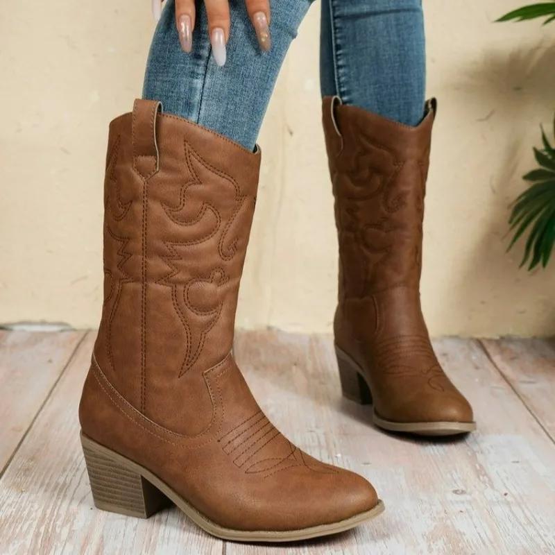 Fashion 2025 New Ladies Shoes Slip-on Women's Boots Fashion Embroidery Modern Boots Women Hot Sale Round Toe Mid-Calf Shoes Womenzapatos