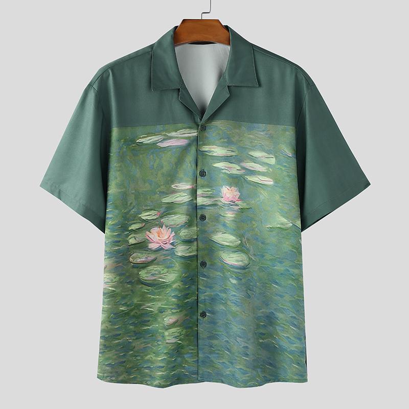 

INCERUN Oversized Men Lapel Short Sleeve Stitching Print Casual Shirts 5XL зелёный