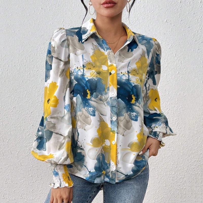 Ladies Spring Summer Lantern Sleeve Flower Printed All Match Shirt Top