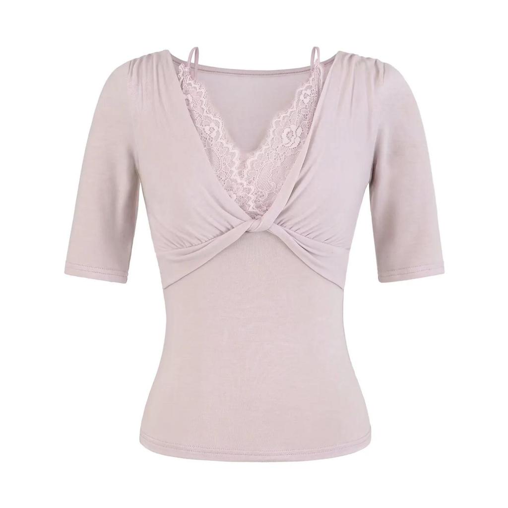 2026 Sexy Slim-Fit V-Neck Lace Patchwork Mid-Sleeve Women's T-shirt