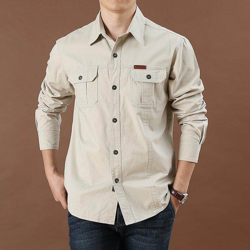 

Man s Casual Loose Long-sleeved Shirt Large Size Solid Color Men s Shirt Tooling Pockets 6XL бежевый