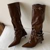 Fashion Eilyken Street Style Soft PU Leather Pointed TToe Woman Knee-High Boots Sexy Thin High Heels Belt Buckle Strap Zipper Shoes