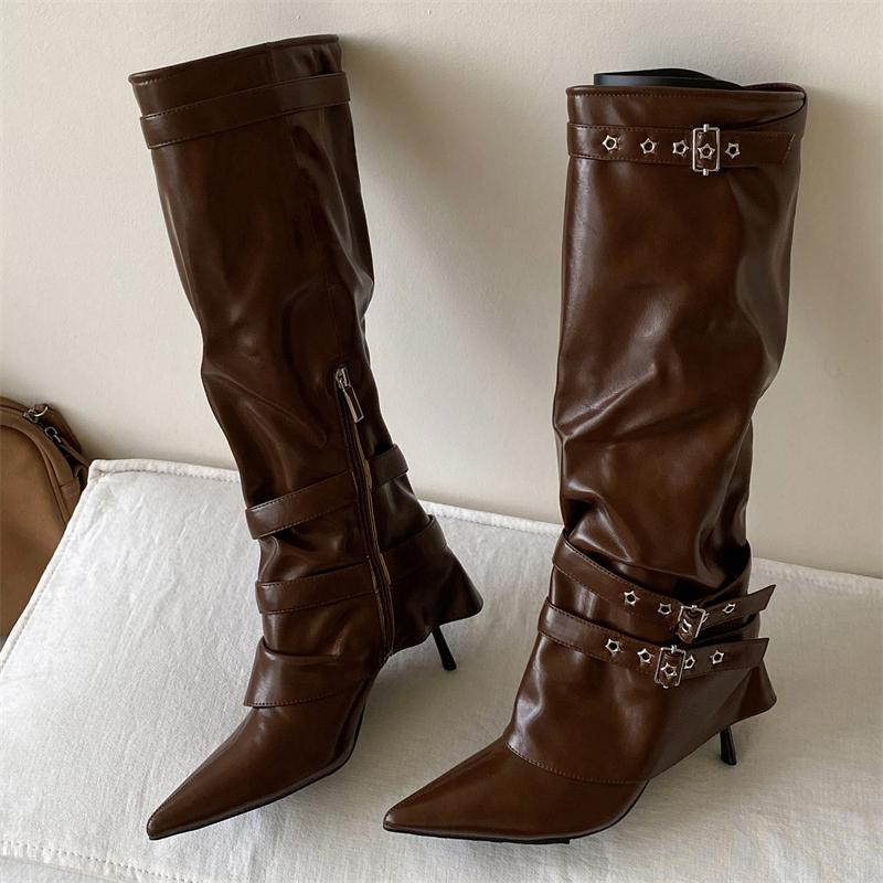 Fashion Eilyken Street Style Soft PU Leather Pointed TToe Woman Knee-High Boots Sexy Thin High Heels Belt Buckle Strap Zipper Shoes