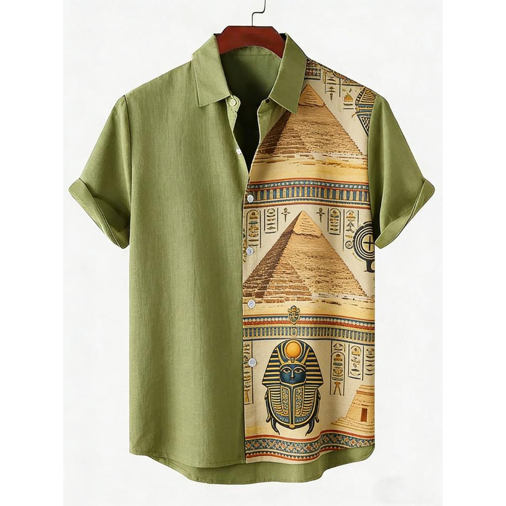 2026 Daily Men's Casual Short Sleeved Shirt with Natural Ethnic Pattern Printed Shirt Hawaii Beach Vacation Clothing