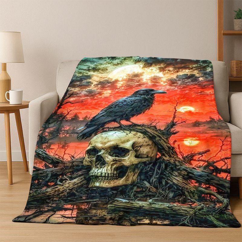 Gothic Raven Crow Skull Cartoon Flannel Blanket Soft Warm Blanket Throw Blanket for Bedroom Living Room Bed Travel Camping Gift