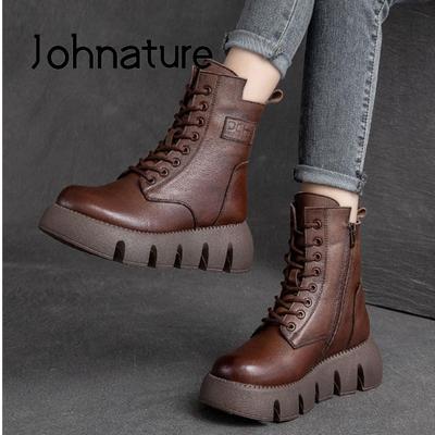 Women Boots Genuine Leather   Winter Ziper Round Toe Women Sewing Handmade Retro Ankle Platform Boots