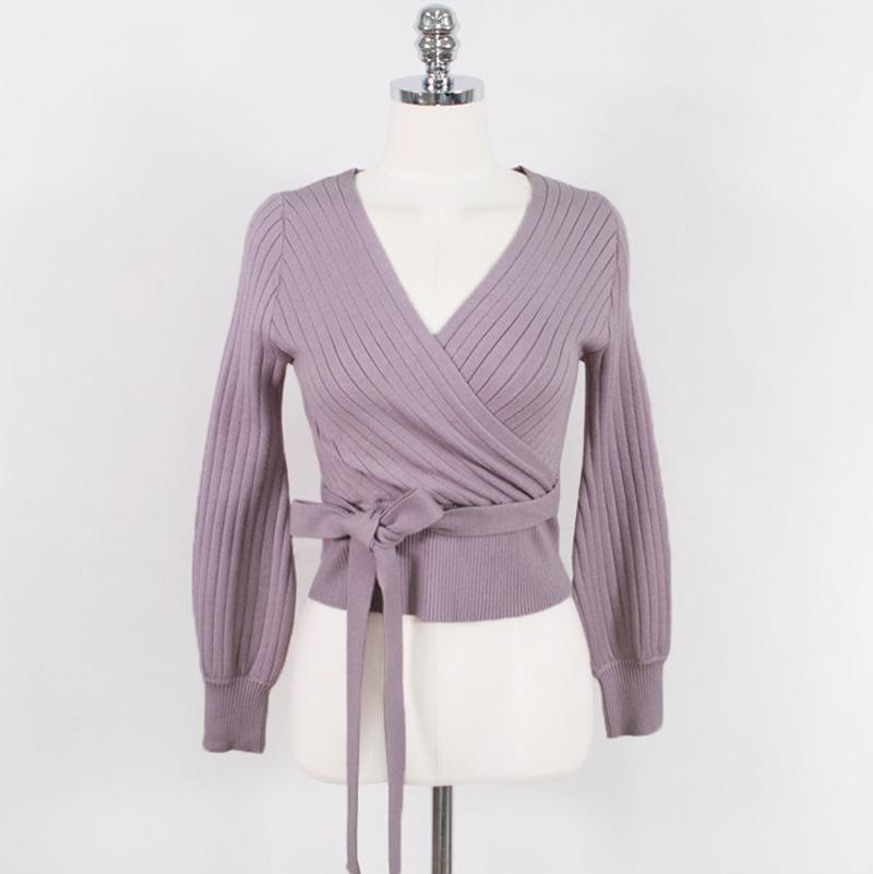 

Южная Корея Тондэмун розовый V-образный вырез шнуровка тонкий короткий свитер для женщин One Size фиолетовый