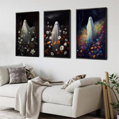 Halloween Print Ghost Portrait Dark Academia Decor Gothic Floral Painting Art Room Print Spooky Decor Vintage Poster Aesthetics No Frame