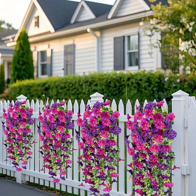 2pcs UV-Resistant Artificial Morning Glory Hanging Vines – Vibrant Purple, Pink & Green Faux Flowers for Outdoor Garden Decor, Weddings, Office