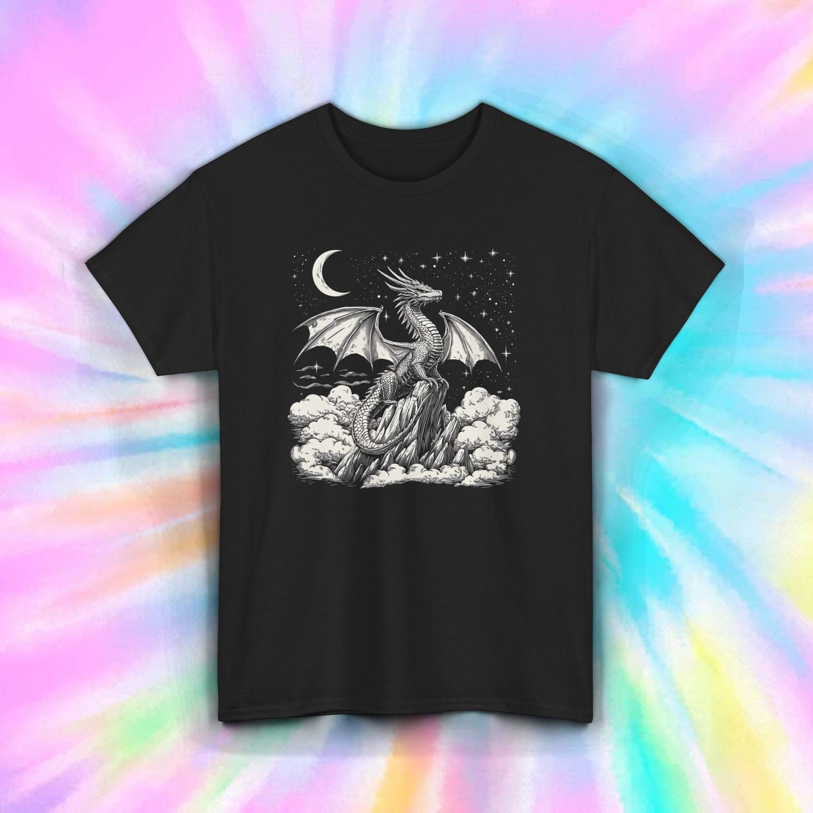 Dragon Shirt Fantasy Creature Moon Sky Stars Clouds Gothic Art Tee S-5XL XXXXL