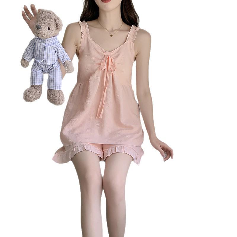 2026 Summer Women's Cloud Cotton Pajama Set with Built-in Bra, Princess Style Camisole, Sweet Home Wear