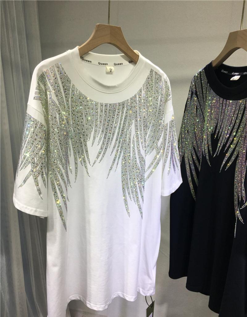 Large Size Heavy Industrial Shiny Diamond Feather Wings Short Sleeve T-shirt Women Black Hundred Tops