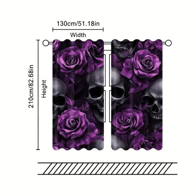 Set Of 2 Halloween Purple Rose Skull Design Pattern Printed Curtains Window Decorations Home Room Curtain Made Polyester
