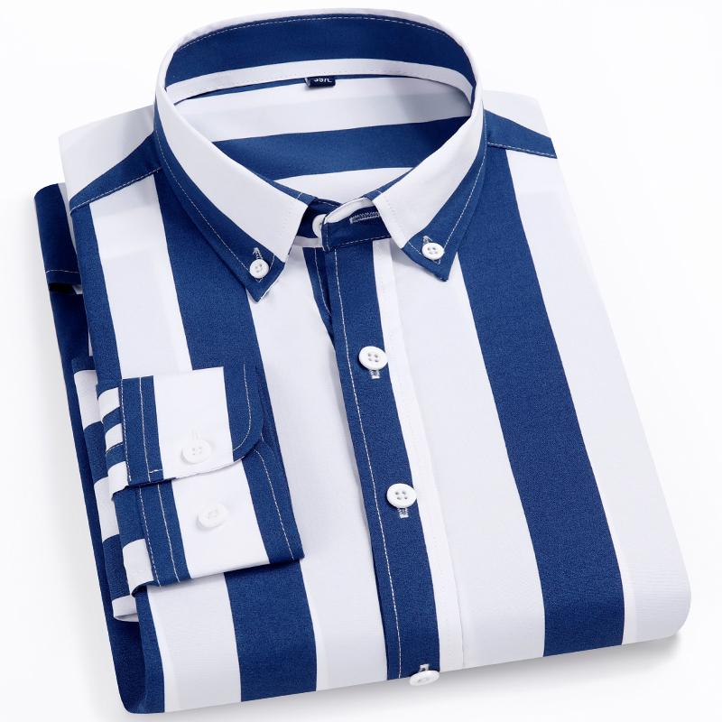 Men‘s Stylish Stretchy Striped Button-Down Shirt - Comfortable Long Sleeve Business & Casual Top - Color Block Design, Spring Summer