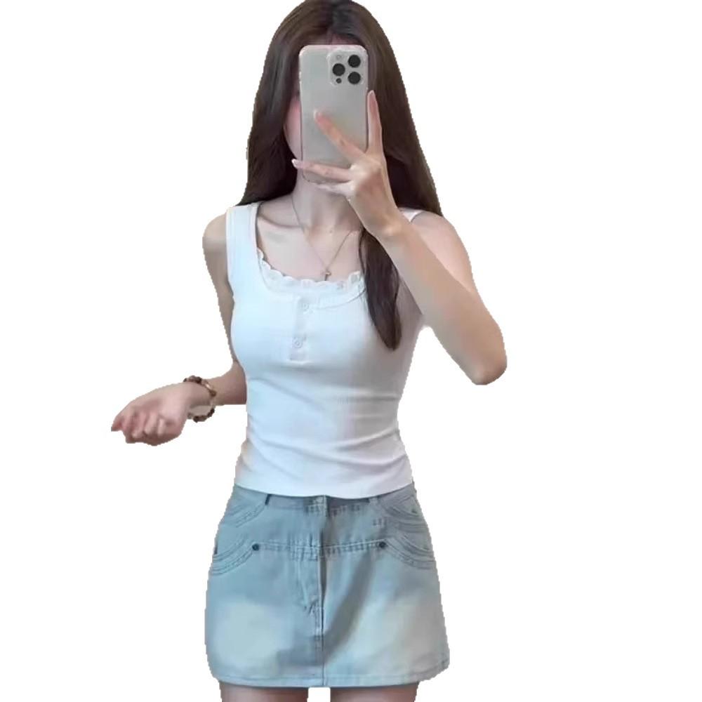 Pure Desire Fake Two-piece Lace Splicing Sling Vest Women's Summer Wear Slim and Thin Spice Girl Short Sleeveless Top