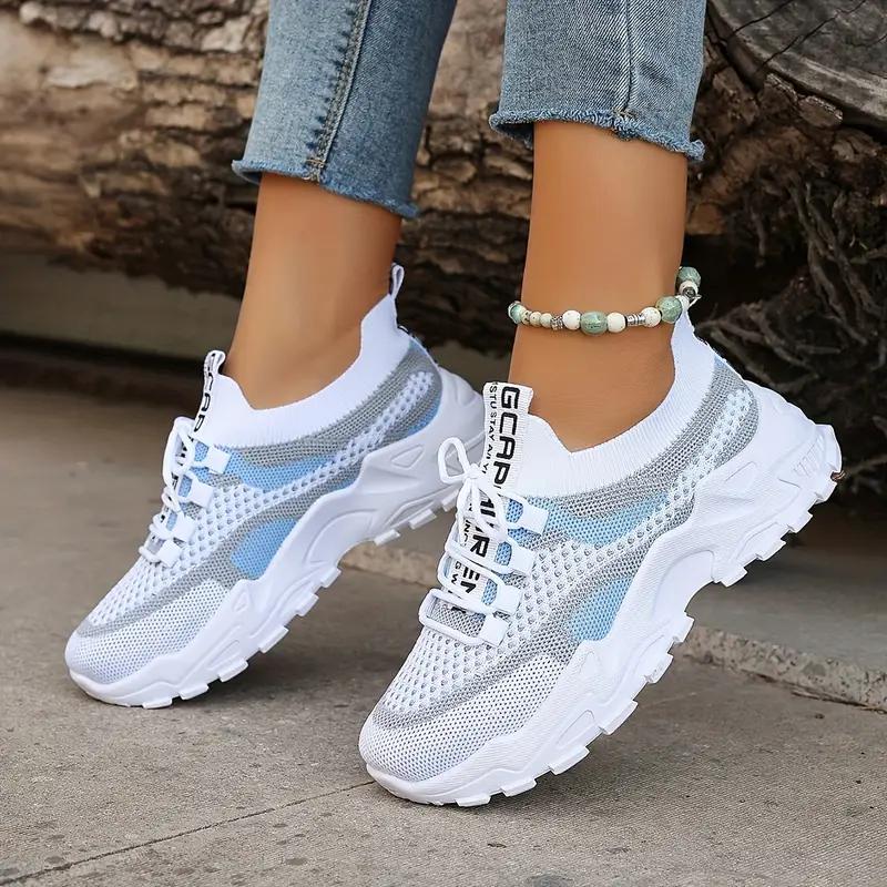 Women's Color Blocked Casual Sports Shoes, Flight Woven Breathable Lace Up Running Shoes, Fashionable Mesh Platform Casual Shoes