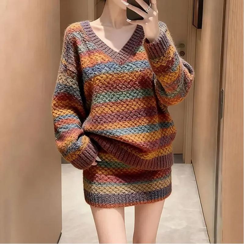 Women s Retro Rainbow Striped V Neck Knit Sweater Mini Skirt Set M коричневый