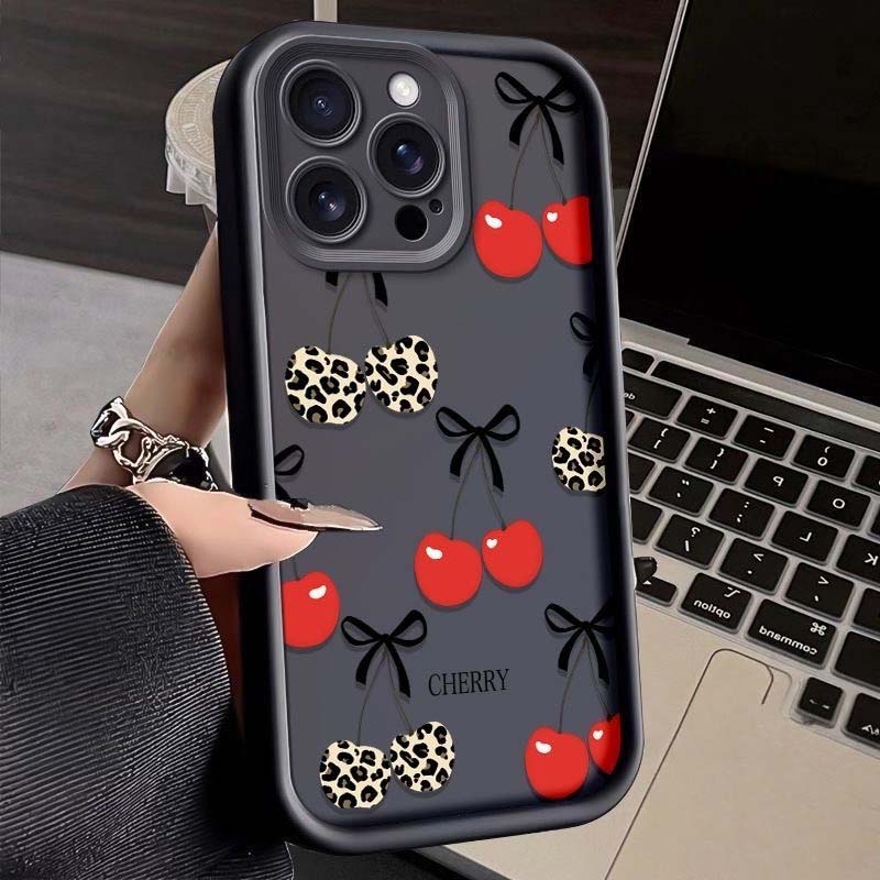 For Samsung Galaxy S22 S23 Plus S21 S20 FE Note 20 Ultra A32 A52 5G A52S A24 A53 A33 A05 A05S Leopard Print Cherry Phone Case