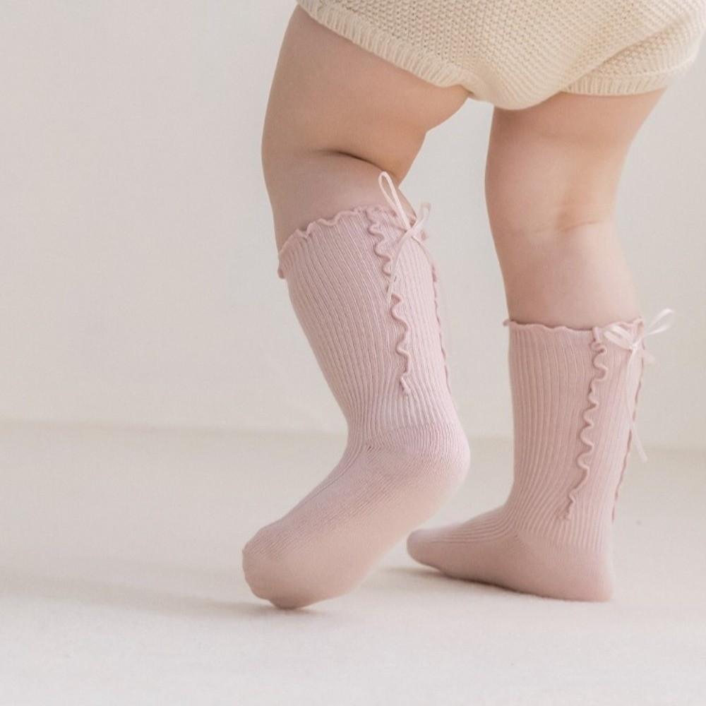 Seamless Toe Ruffle Bow Socks Cotton Material Baby Girls Socks Cotton Mid Calf Socks  Spring Season