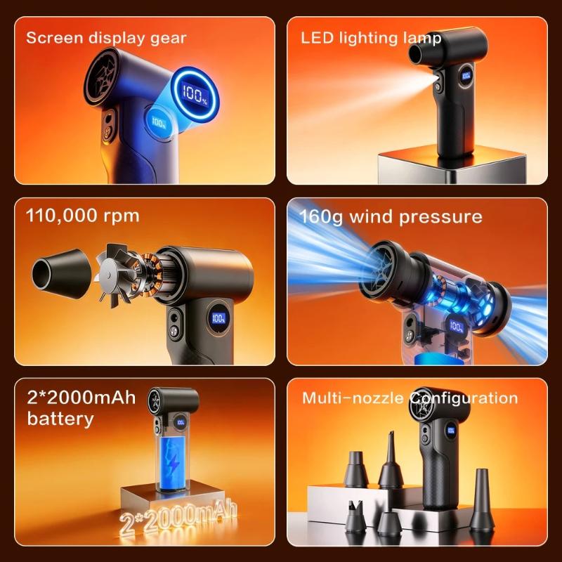 2026 New and PowerS8 Air Blower 4-Gear Turbo Blower Jet Fan with LED Light Battery Display Cordless Compressed Air Duster 110000RPM 80W