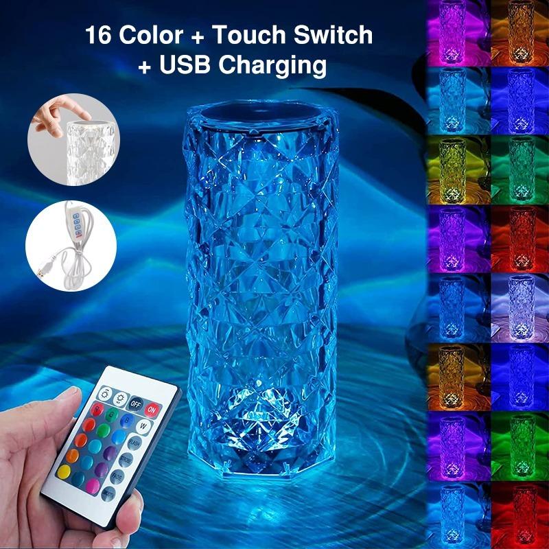Lâmpada de mesa de cristal led rosa luz projetor 3/16 cores toque ajustável romântico diamante atmosfera luz usb toque luz da noite