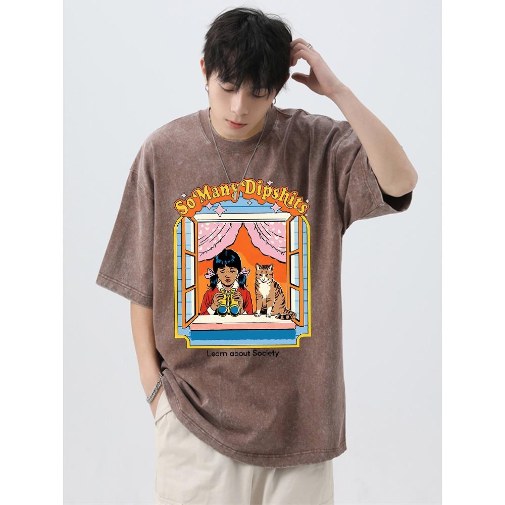 Carrying A Catlearn About Society Washed Retro Male Tops Summer Loose T-Shirt Cotton T-Shirt Clothes Casual T-Shirts