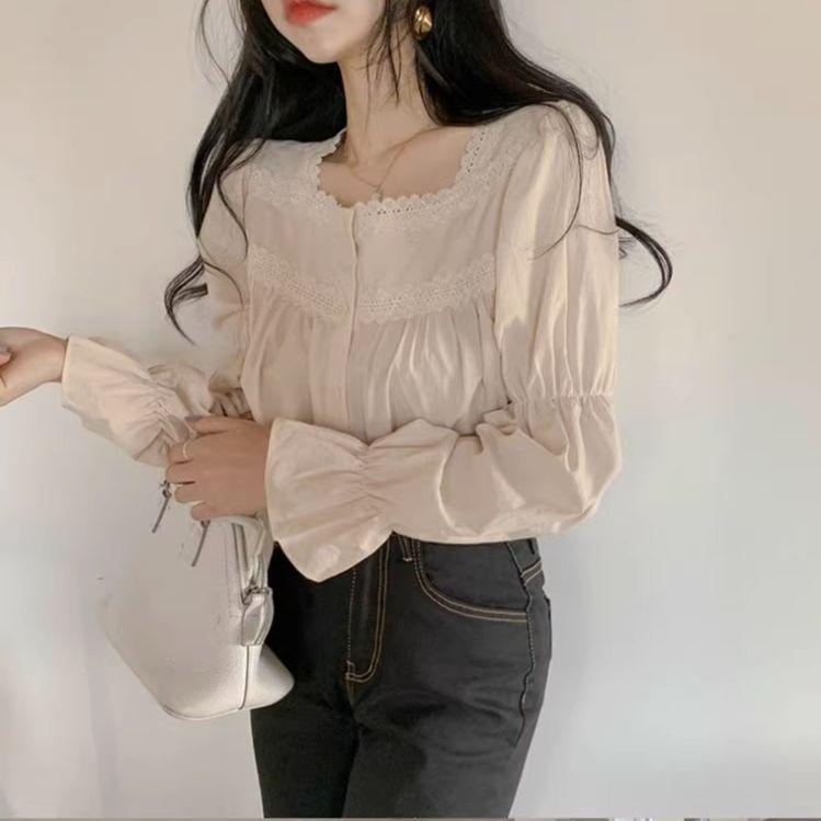 Women's French Retro Square Neck Lace Trim Shirt with Bell Sleeves - Spring/Autumn