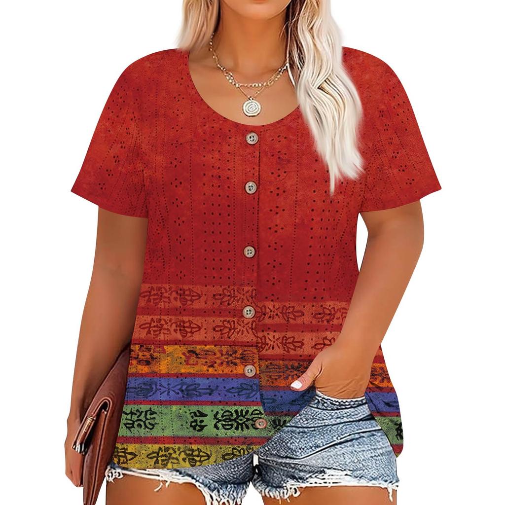 Plus Size Women's Fashion Casual Vintage Printed O-Neck Short Sleeve Button T-Shirt Top