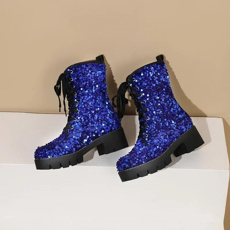 Pink Bling British Women Platform Ankle Boots Gold Sequined Cloth High Thick Heels Round Toe Lace-up Ladies Platform Short Boots